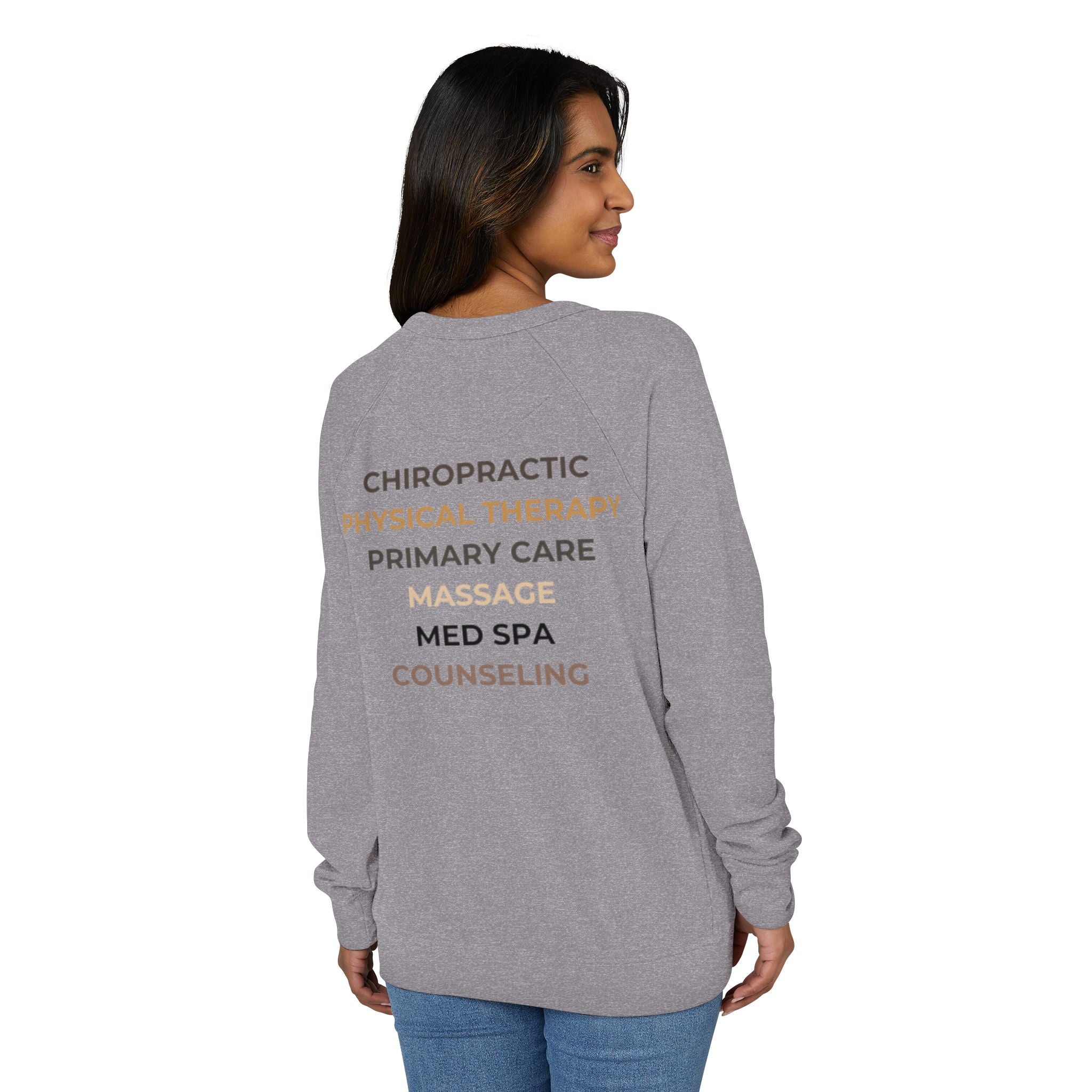 Wellness Center Crewneck Sweatshirt — Better Bodies Logo & Services (Chiropractic · Primary Care · Massage · Med Spa · Counseling)
