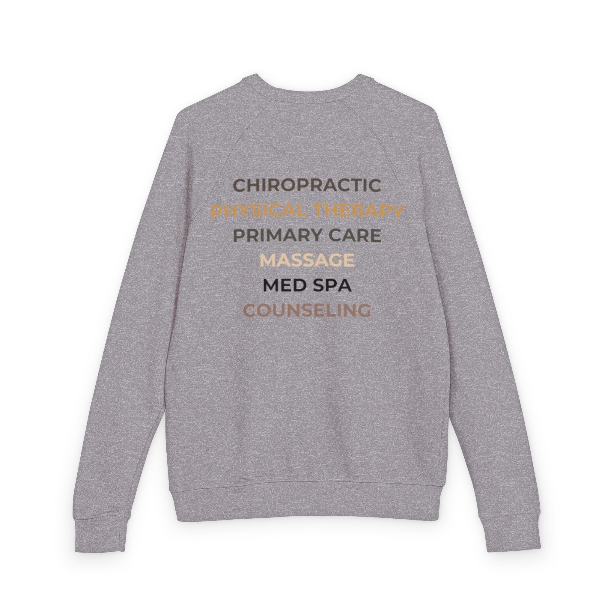 Wellness Center Crewneck Sweatshirt — Better Bodies Logo & Services (Chiropractic · Primary Care · Massage · Med Spa · Counseling)