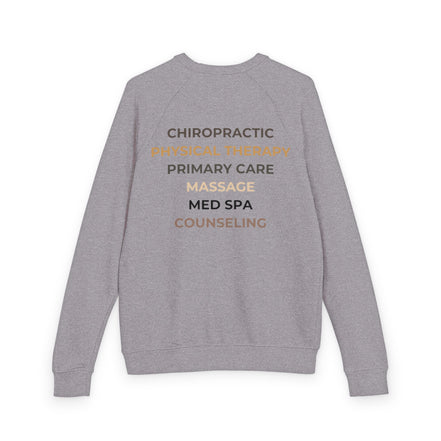 Wellness Center Crewneck Sweatshirt — Better Bodies Logo & Services (Chiropractic · Primary Care · Massage · Med Spa · Counseling)