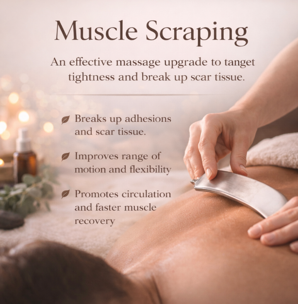 MUSCLE SCRAPING       /      Metal tool-assisted technique to release scar tissue and improve mobility.