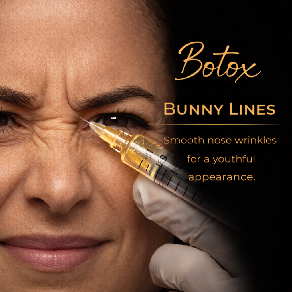Botox for Bunny Lines  10 units - Softens nose wrinkles that appear when smiling or scrunching. Typical starting dose: 4–8 units.
